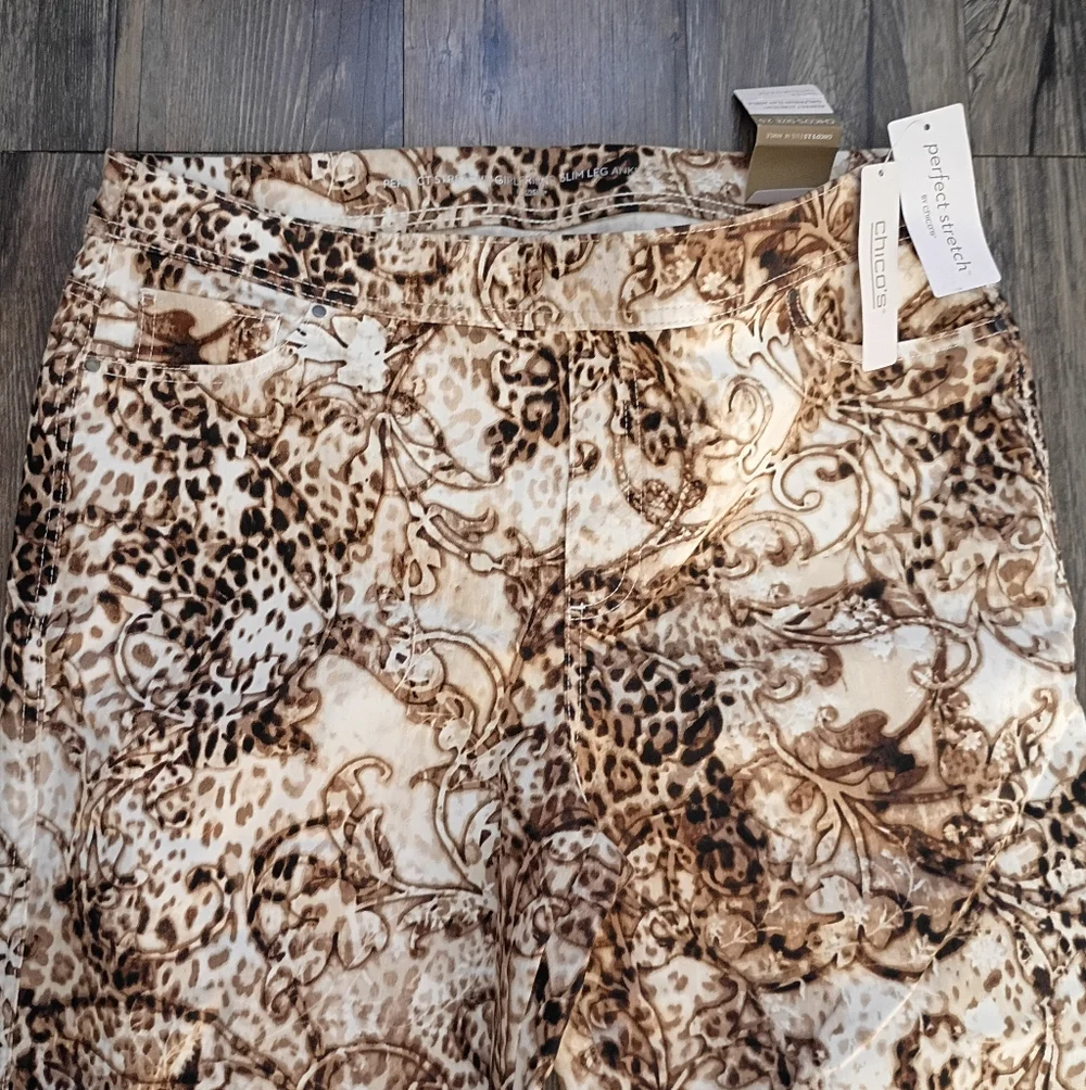 Chicos Leopard Print Design Stretch Denim Pants - Picture 3 of 5